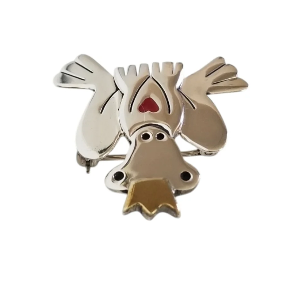 Vintage A&J Harvey Sterling Silver Frog Prince Brooch Brass Crown Enameled Heart